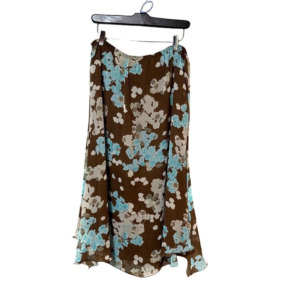 Sag Harbor Brown & Blue Floral Midi Skirt Size 10 Sheer Polyester Lined Boho - Picture 2 of 6